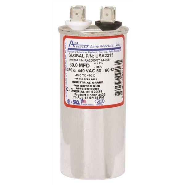 Amrad Engineering ROUND USA-MADE MOTOR RUN CAPACITOR, 30 MFD, 370/440 VAC USA2213